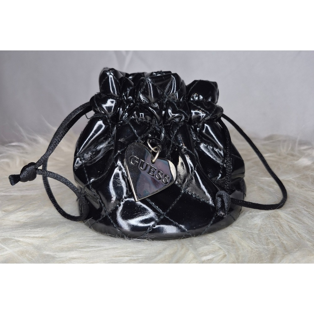 Guess Black Quilted Pouch Bag Heart Charm Drawstring Closure Mini Cute